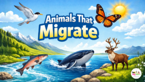 Animals that migrate illustration with bird, butterfly, whale, fish and deer
