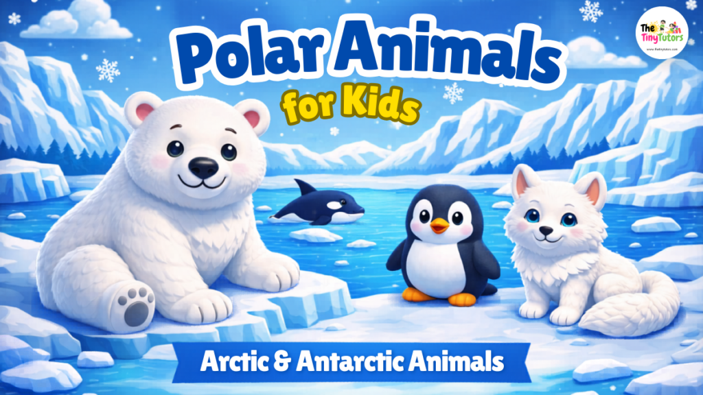 Polar Animals for Kids showing Arctic and Antarctic animals like polar bear, penguin, and fox