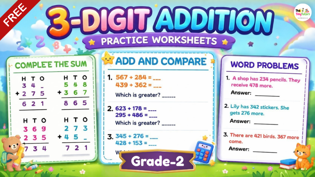 3 Digit Addition Worksheets for Grade 2 with sums, compare, and word problems.