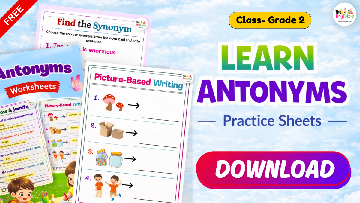 Grade 2 antonyms worksheet with picture-based exercises and download button