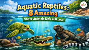Aquatic Reptiles: 8 Amazing Water Animals Kids Will Love illustration with turtle, crocodile, iguana, and sea snake