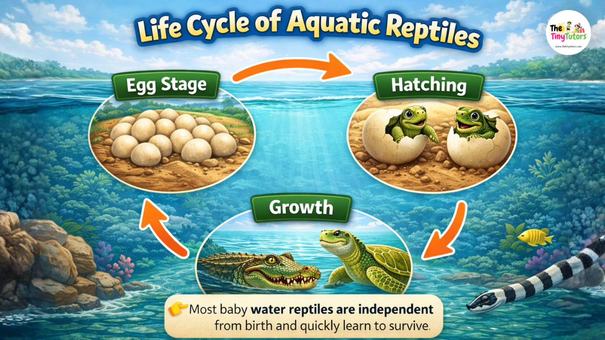 Life cycle of aquatic reptiles showing egg, hatching, and growth stages diagram