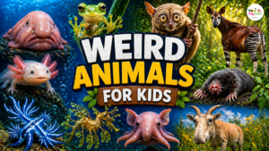 Weird Animals For Kids collage showing blobfish, axolotl, tarsier, okapi and blue dragon