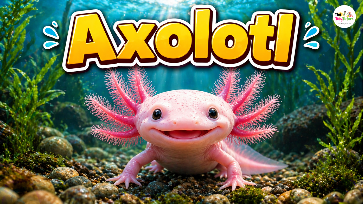 Pink axolotl smiling underwater with fluffy gills and aquatic plants