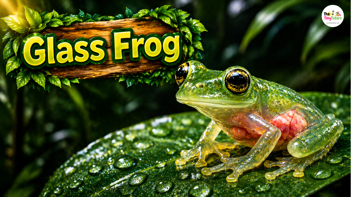 Green glass frog on leaf showing transparent body and visible organs