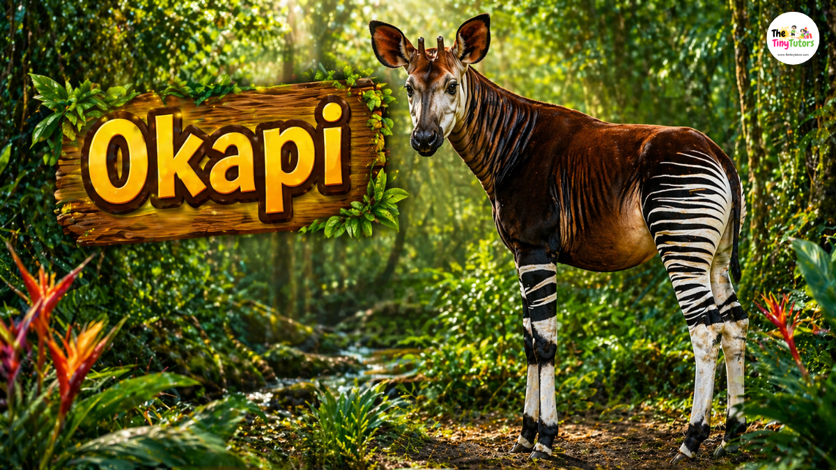 Okapi standing in forest with zebra legs and giraffe-like body