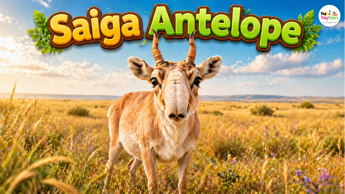 Saiga antelope in grassland with large unusual nose filtering dust