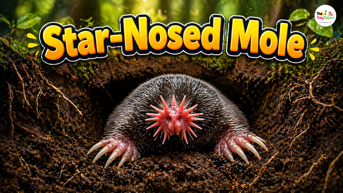 Star-nosed mole with unique nose searching food in underground soil