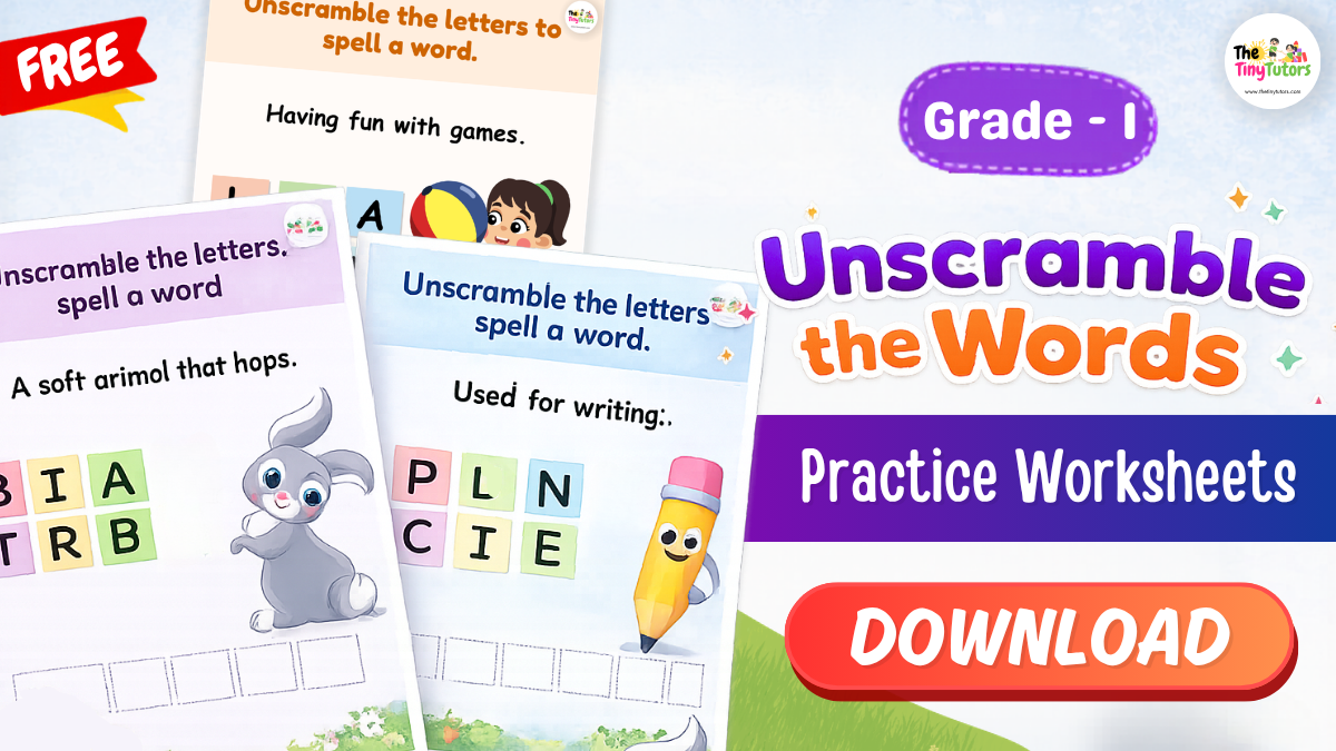 Unscramble words practice worksheets preview for Grade 1 kids