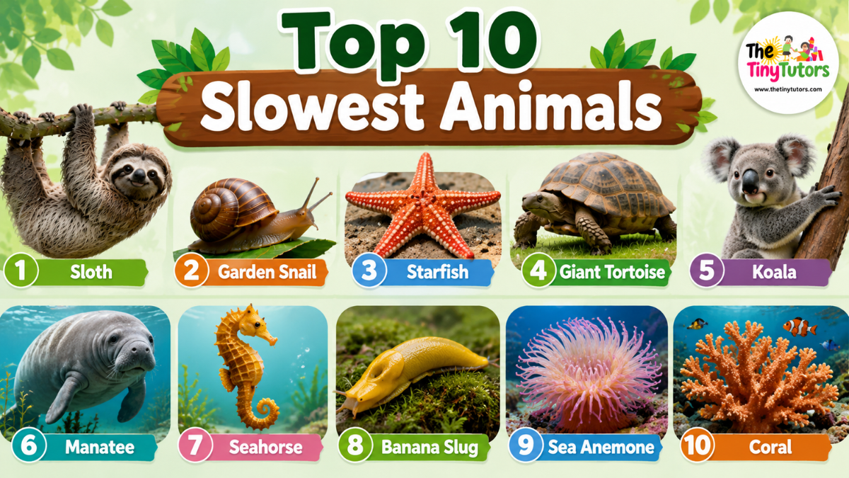 Top 10 slowest animals list featuring sloth, snail, starfish, tortoise, koala, manatee, seahorse, banana slug, sea anemone, and coral