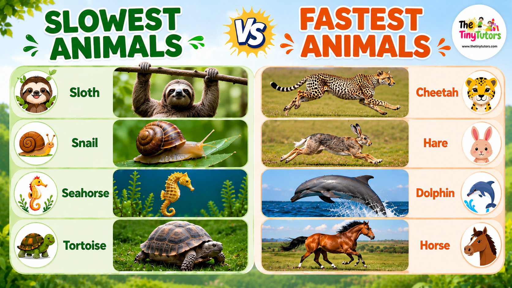 Slowest animals vs fastest animals chart showing sloth, snail, seahorse, tortoise, cheetah, hare, dolphin, and horse