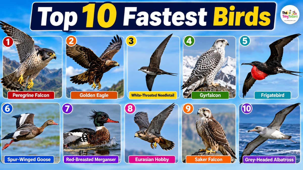 Infographic showing the top 10 fastest birds including peregrine falcon and golden eagle