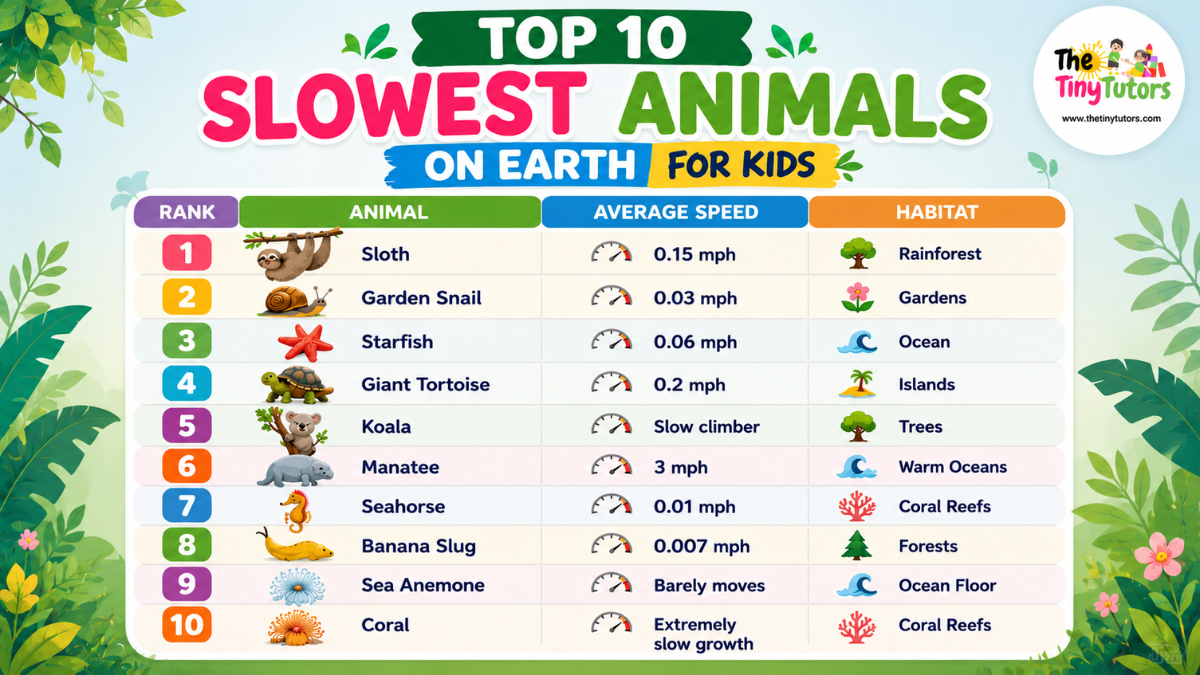 Top 10 slowest animals on earth chart for kids